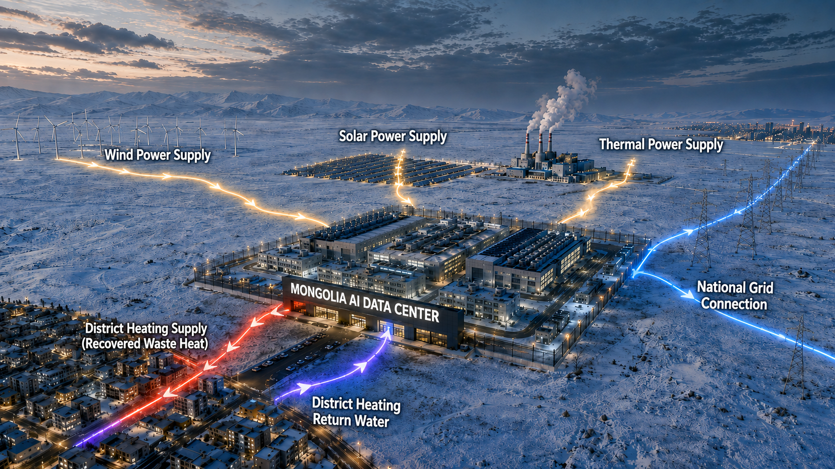 Conceptual Mongolia AI data center energy and network architecture